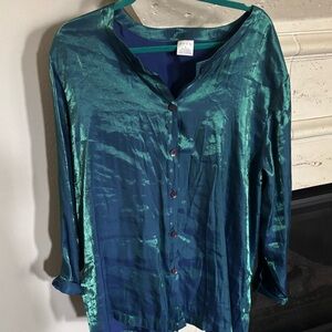Vintage AVON metallic blue and green button up shirt blouse | Size 3x